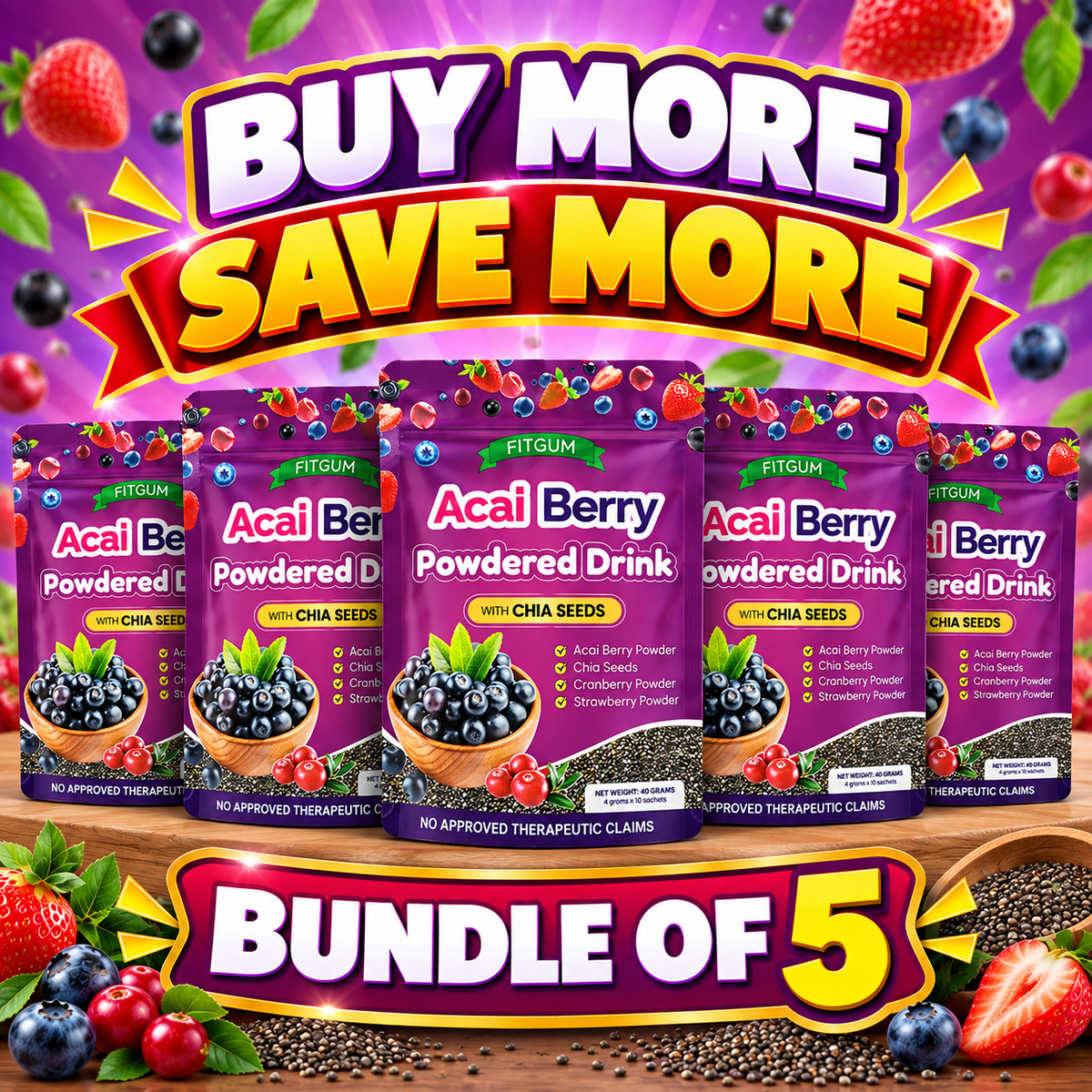 5 PCS. FITGUM Acai Berry Powdered Drink With Chia Seeds 10's