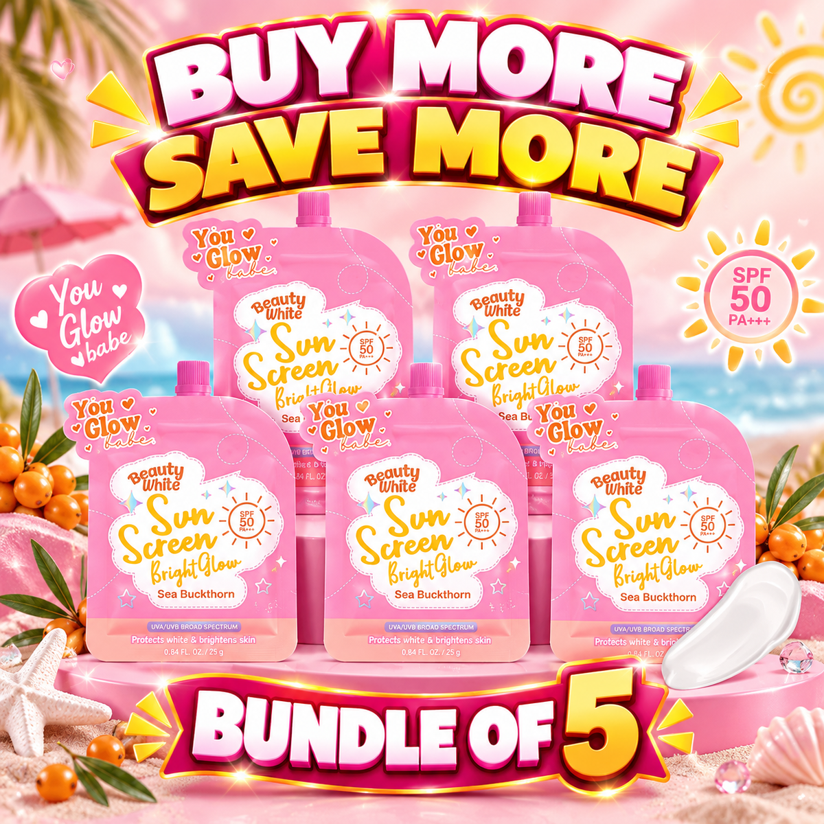 5 PCS. You Glow Babe Beauty White Sunscreen Bright Glow SPF 50 PA+++ 25g
