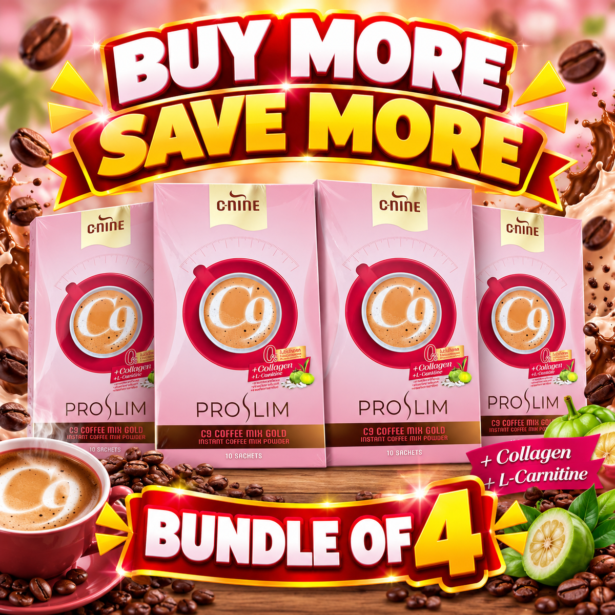 4 PCS. C9 PROSLIM COFFEE MIX GOLD 10 sachets