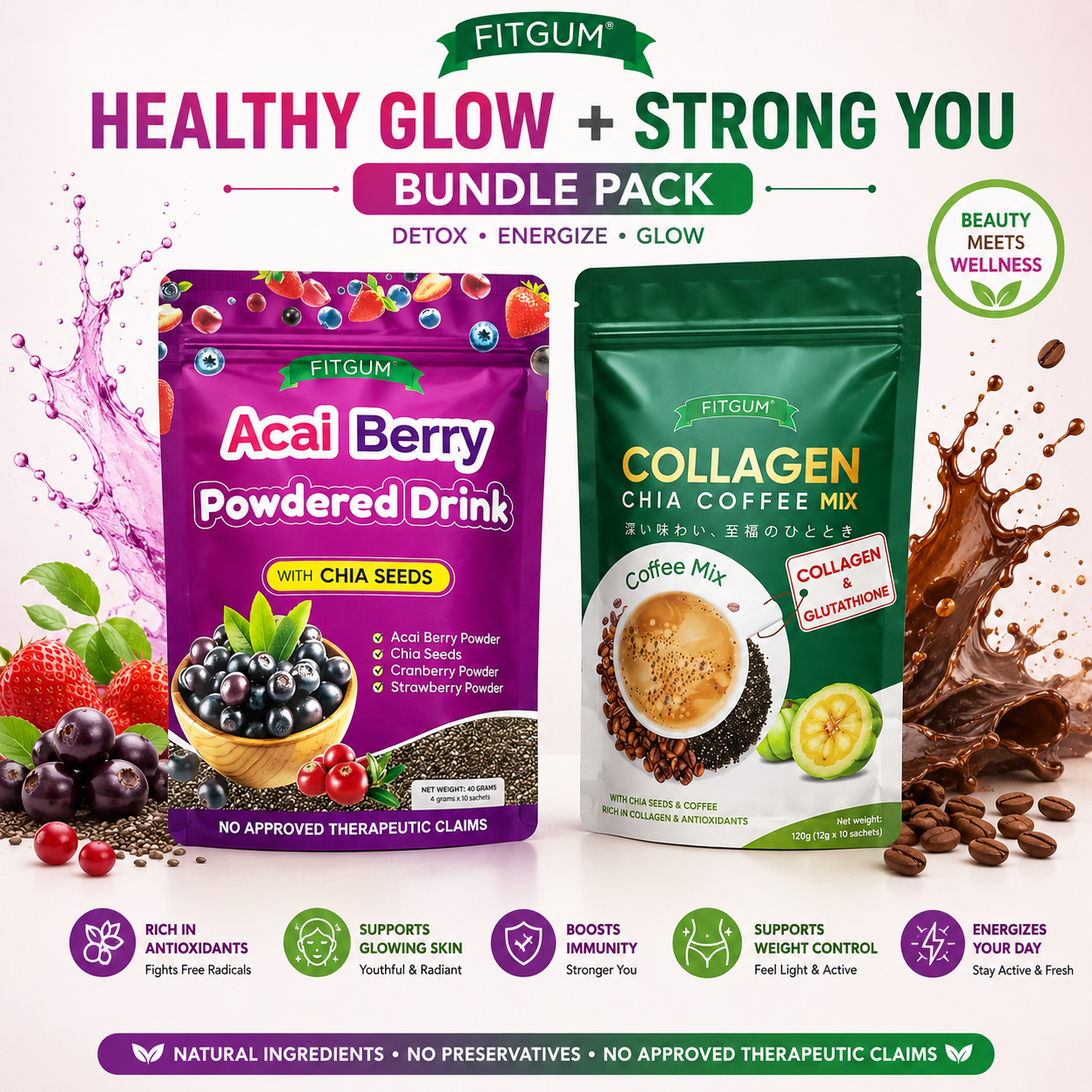 COMBO Fitgum  Acai Berry Powdered Drink  + Collagen Chia Coffee Mix