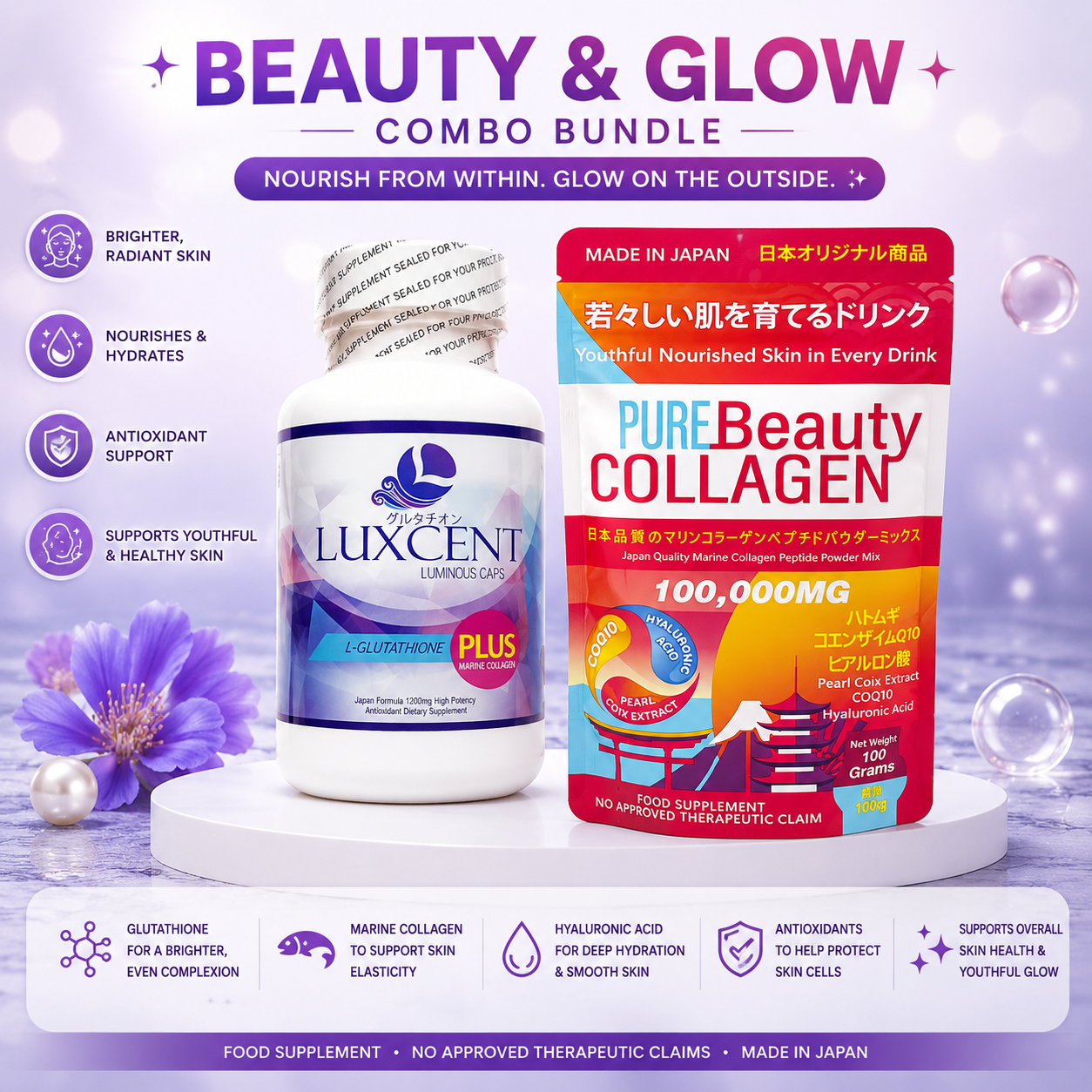 COMBO  Luxcent L-Glutathione Plus Marine Collagen Capsules +Pure Beauty Collagen Powder Drink (100,000mg)